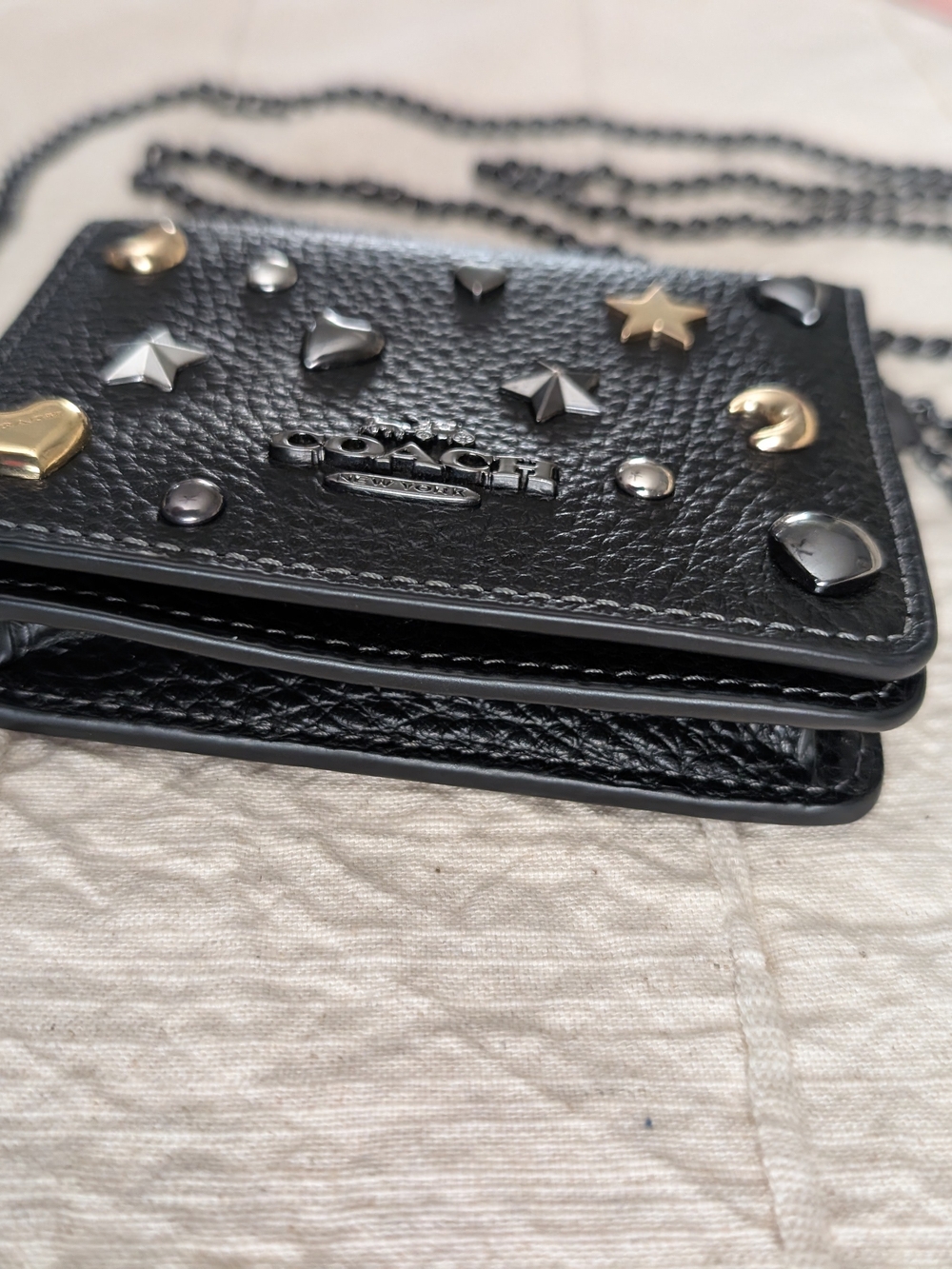 Coach Black Pebbled Leather Studded Wristlet with Mixed Metal Stars & Hearts - Picture 7 of 7